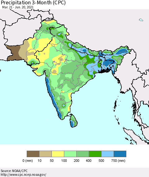 Southern Asia Precipitation 3-Month (CPC) Thematic Map For 3/21/2021 - 6/20/2021