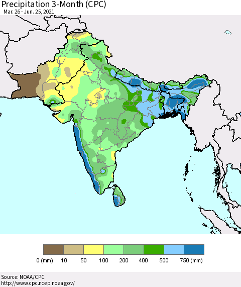 Southern Asia Precipitation 3-Month (CPC) Thematic Map For 3/26/2021 - 6/25/2021