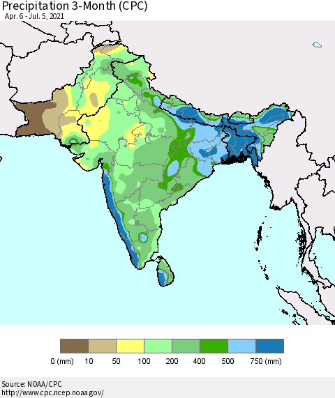 Southern Asia Precipitation 3-Month (CPC) Thematic Map For 4/6/2021 - 7/5/2021