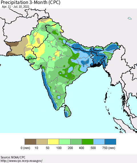 Southern Asia Precipitation 3-Month (CPC) Thematic Map For 4/11/2021 - 7/10/2021
