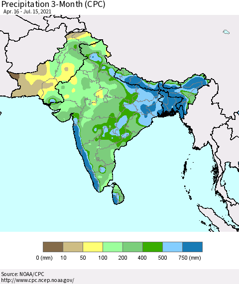 Southern Asia Precipitation 3-Month (CPC) Thematic Map For 4/16/2021 - 7/15/2021