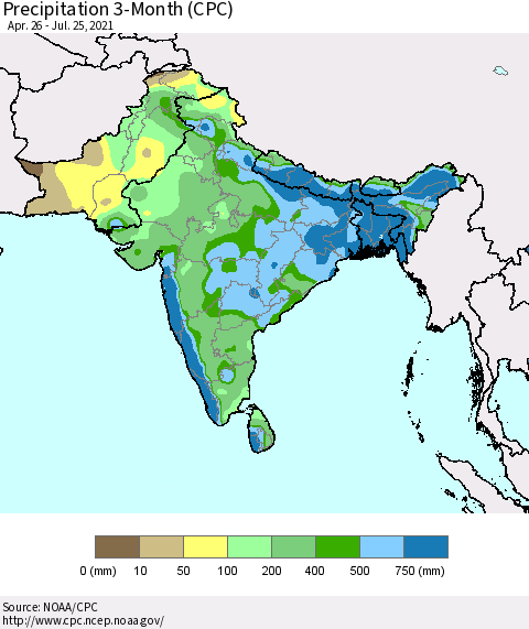 Southern Asia Precipitation 3-Month (CPC) Thematic Map For 4/26/2021 - 7/25/2021