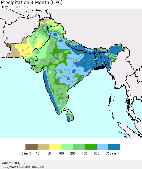 Southern Asia Precipitation 3-Month (CPC) Thematic Map For 5/1/2021 - 7/31/2021