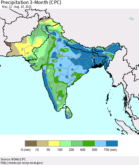 Southern Asia Precipitation 3-Month (CPC) Thematic Map For 5/11/2021 - 8/10/2021