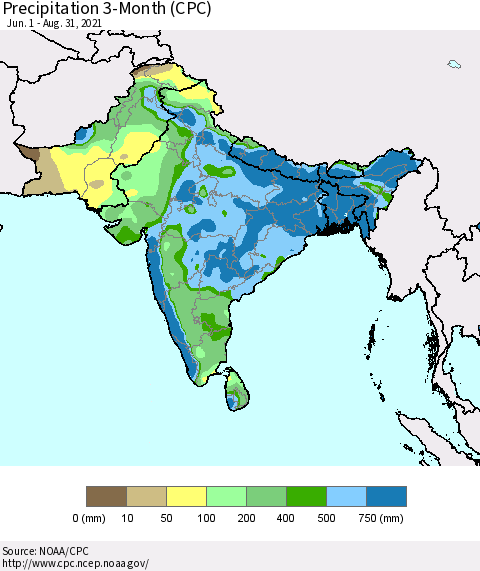 Southern Asia Precipitation 3-Month (CPC) Thematic Map For 6/1/2021 - 8/31/2021