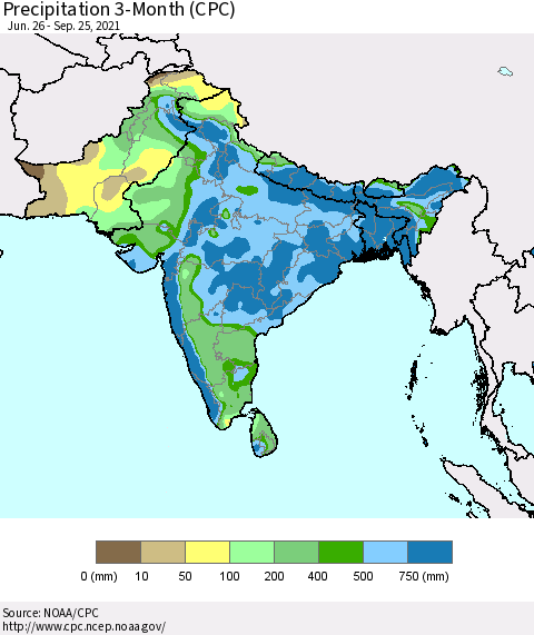 Southern Asia Precipitation 3-Month (CPC) Thematic Map For 6/26/2021 - 9/25/2021