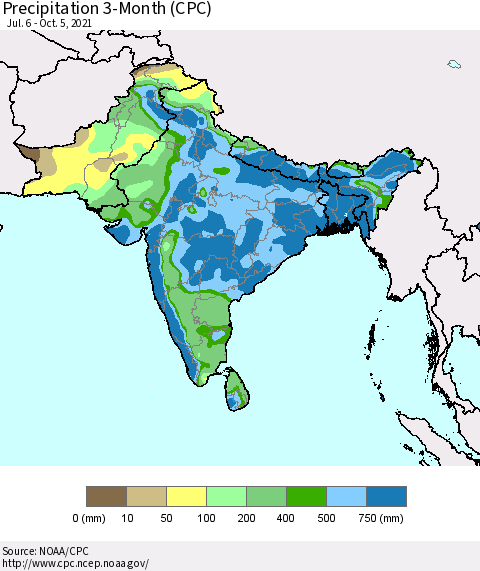 Southern Asia Precipitation 3-Month (CPC) Thematic Map For 7/6/2021 - 10/5/2021