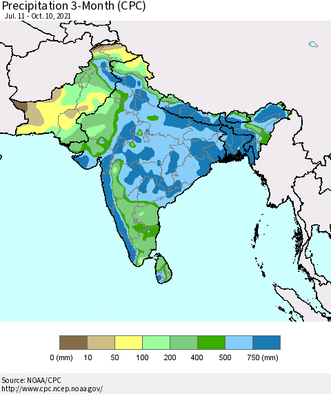 Southern Asia Precipitation 3-Month (CPC) Thematic Map For 7/11/2021 - 10/10/2021
