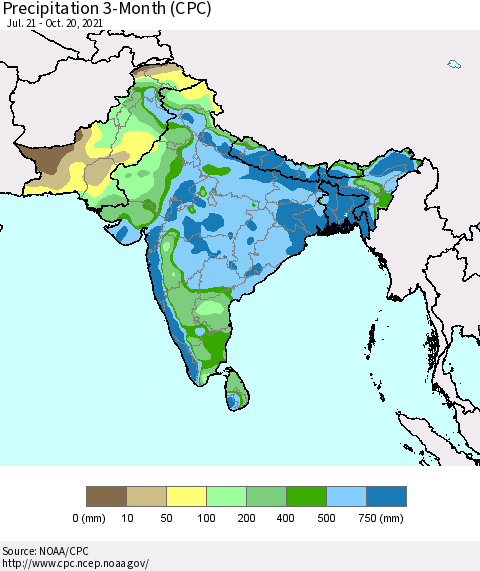 Southern Asia Precipitation 3-Month (CPC) Thematic Map For 7/21/2021 - 10/20/2021