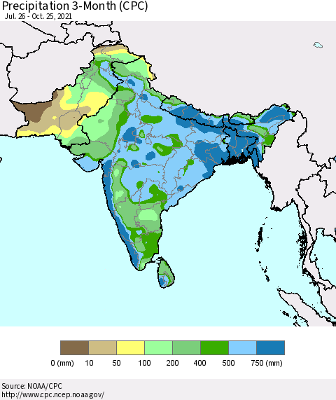 Southern Asia Precipitation 3-Month (CPC) Thematic Map For 7/26/2021 - 10/25/2021