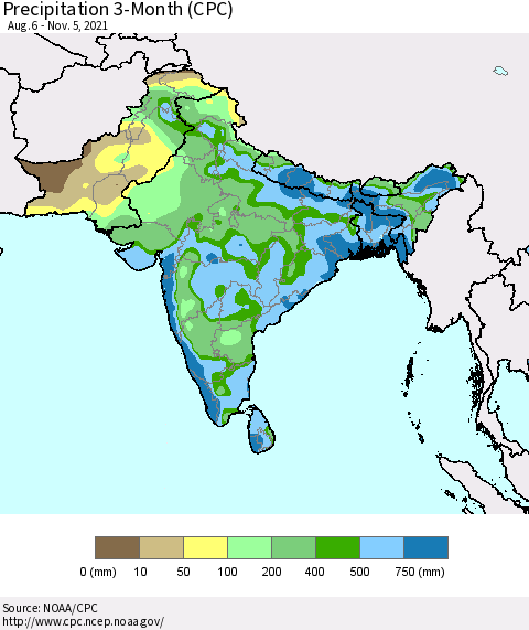 Southern Asia Precipitation 3-Month (CPC) Thematic Map For 8/6/2021 - 11/5/2021