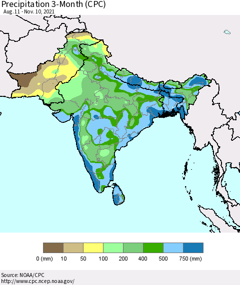 Southern Asia Precipitation 3-Month (CPC) Thematic Map For 8/11/2021 - 11/10/2021