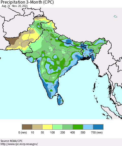 Southern Asia Precipitation 3-Month (CPC) Thematic Map For 8/21/2021 - 11/20/2021