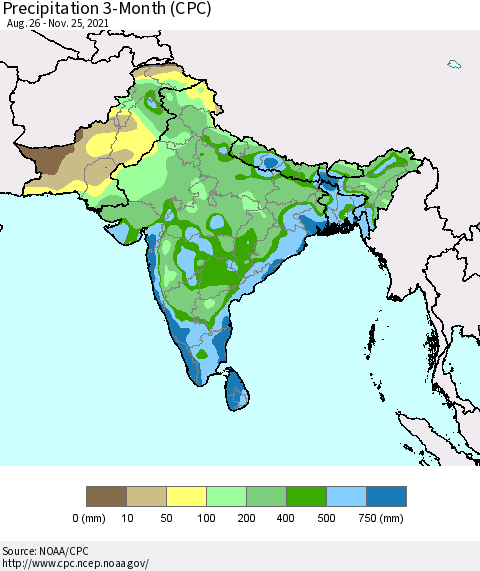Southern Asia Precipitation 3-Month (CPC) Thematic Map For 8/26/2021 - 11/25/2021