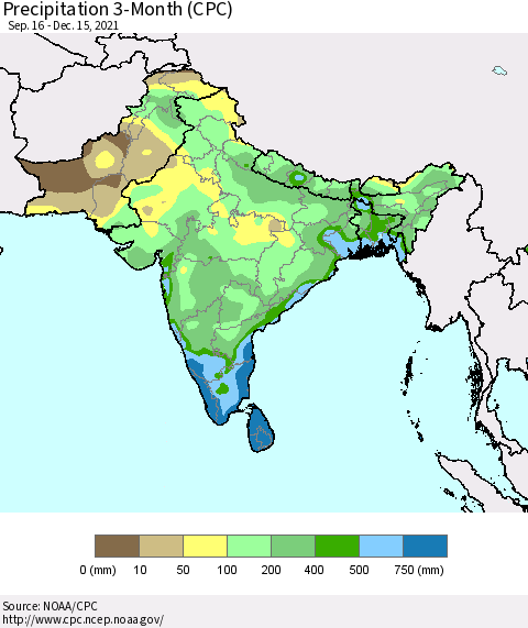 Southern Asia Precipitation 3-Month (CPC) Thematic Map For 9/16/2021 - 12/15/2021