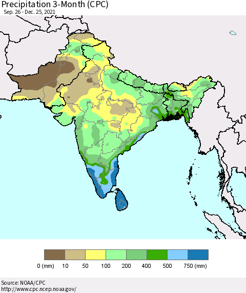Southern Asia Precipitation 3-Month (CPC) Thematic Map For 9/26/2021 - 12/25/2021
