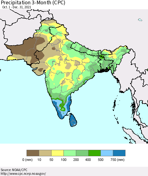 Southern Asia Precipitation 3-Month (CPC) Thematic Map For 10/1/2021 - 12/31/2021