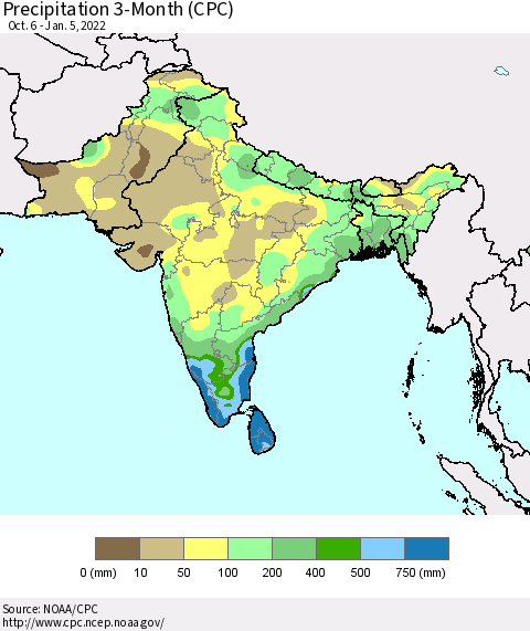 Southern Asia Precipitation 3-Month (CPC) Thematic Map For 10/6/2021 - 1/5/2022