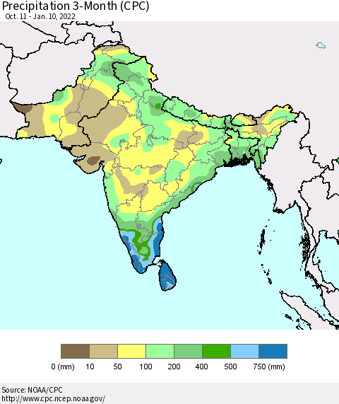 Southern Asia Precipitation 3-Month (CPC) Thematic Map For 10/11/2021 - 1/10/2022
