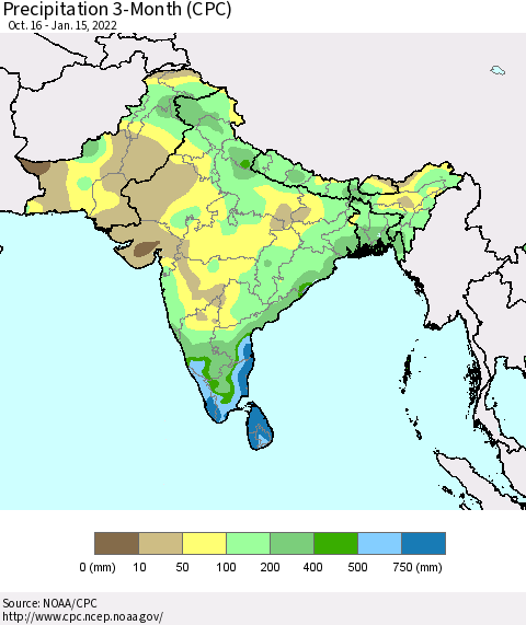 Southern Asia Precipitation 3-Month (CPC) Thematic Map For 10/16/2021 - 1/15/2022