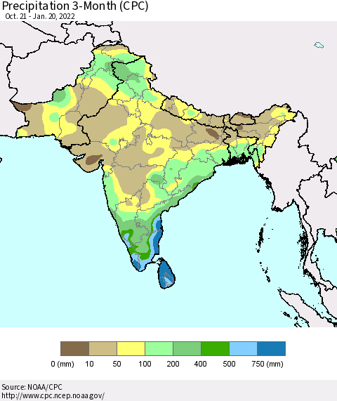 Southern Asia Precipitation 3-Month (CPC) Thematic Map For 10/21/2021 - 1/20/2022