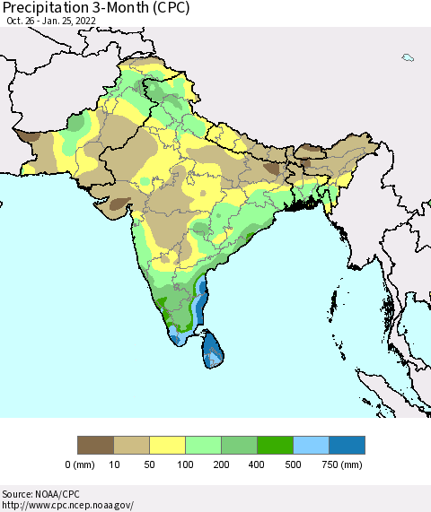 Southern Asia Precipitation 3-Month (CPC) Thematic Map For 10/26/2021 - 1/25/2022