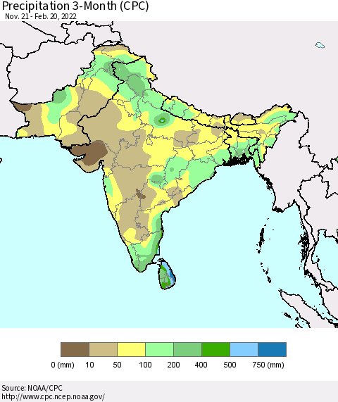 Southern Asia Precipitation 3-Month (CPC) Thematic Map For 11/21/2021 - 2/20/2022