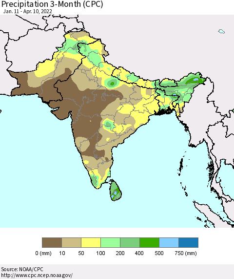 Southern Asia Precipitation 3-Month (CPC) Thematic Map For 1/11/2022 - 4/10/2022