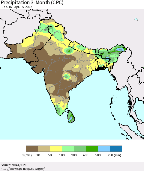 Southern Asia Precipitation 3-Month (CPC) Thematic Map For 1/16/2022 - 4/15/2022