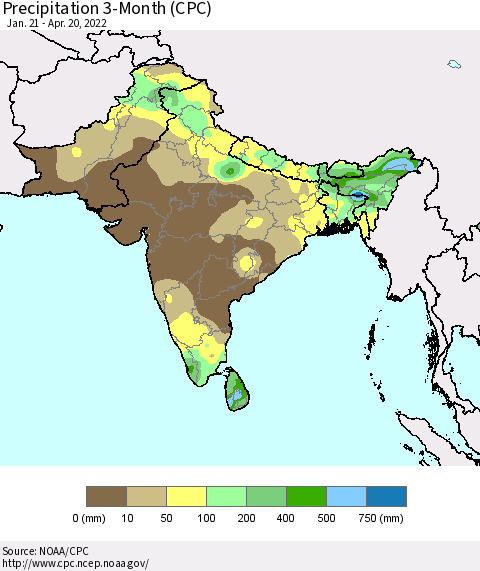 Southern Asia Precipitation 3-Month (CPC) Thematic Map For 1/21/2022 - 4/20/2022
