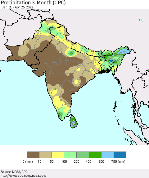 Southern Asia Precipitation 3-Month (CPC) Thematic Map For 1/26/2022 - 4/25/2022