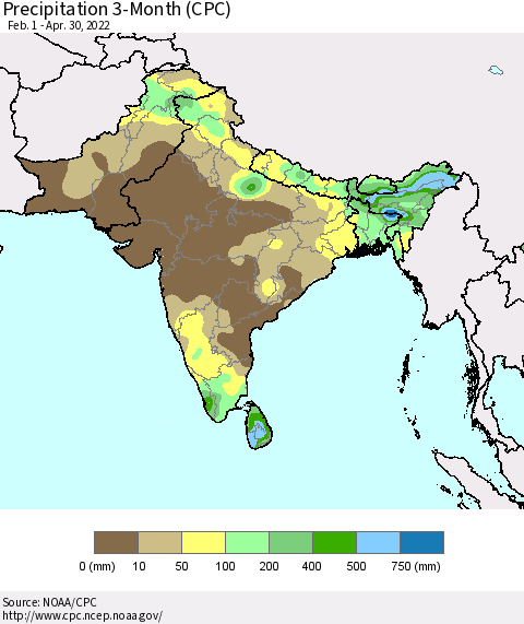 Southern Asia Precipitation 3-Month (CPC) Thematic Map For 2/1/2022 - 4/30/2022