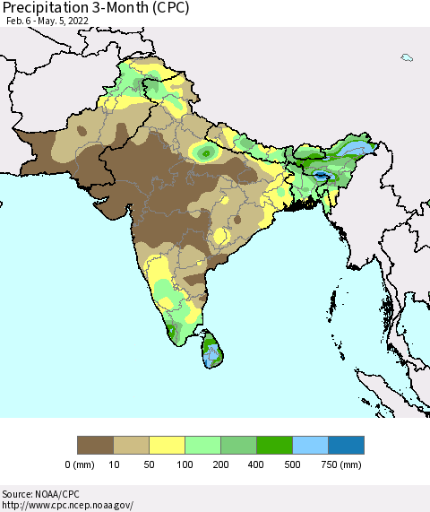 Southern Asia Precipitation 3-Month (CPC) Thematic Map For 2/6/2022 - 5/5/2022