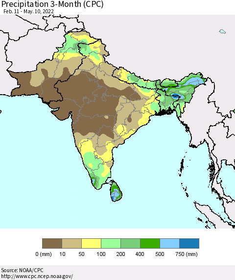 Southern Asia Precipitation 3-Month (CPC) Thematic Map For 2/11/2022 - 5/10/2022