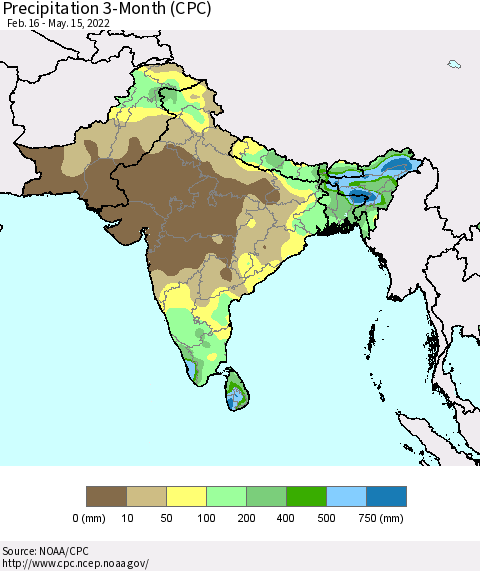 Southern Asia Precipitation 3-Month (CPC) Thematic Map For 2/16/2022 - 5/15/2022
