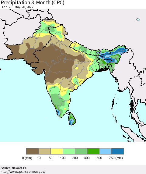 Southern Asia Precipitation 3-Month (CPC) Thematic Map For 2/21/2022 - 5/20/2022