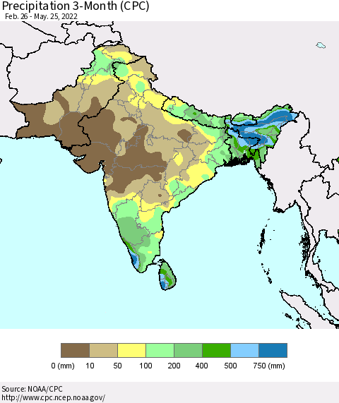 Southern Asia Precipitation 3-Month (CPC) Thematic Map For 2/26/2022 - 5/25/2022