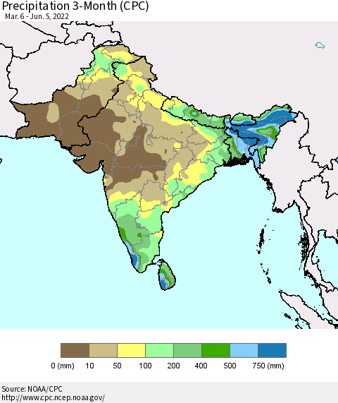 Southern Asia Precipitation 3-Month (CPC) Thematic Map For 3/6/2022 - 6/5/2022