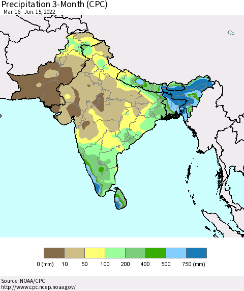 Southern Asia Precipitation 3-Month (CPC) Thematic Map For 3/16/2022 - 6/15/2022