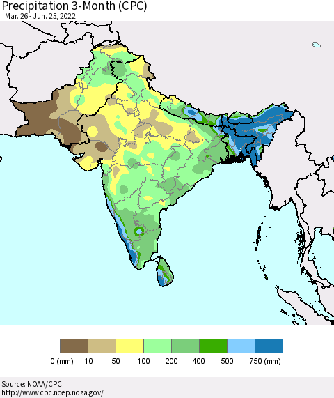 Southern Asia Precipitation 3-Month (CPC) Thematic Map For 3/26/2022 - 6/25/2022