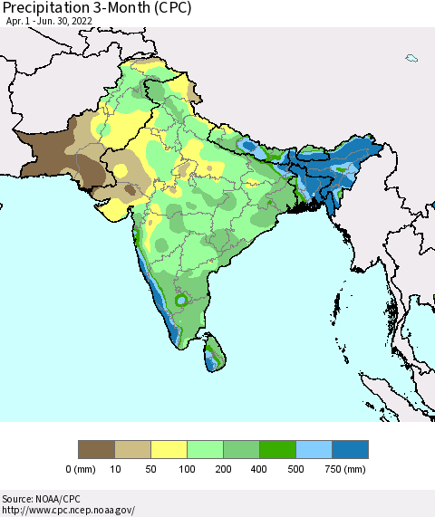Southern Asia Precipitation 3-Month (CPC) Thematic Map For 4/1/2022 - 6/30/2022