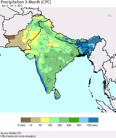 Southern Asia Precipitation 3-Month (CPC) Thematic Map For 4/6/2022 - 7/5/2022