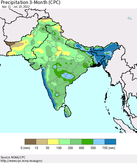 Southern Asia Precipitation 3-Month (CPC) Thematic Map For 4/11/2022 - 7/10/2022