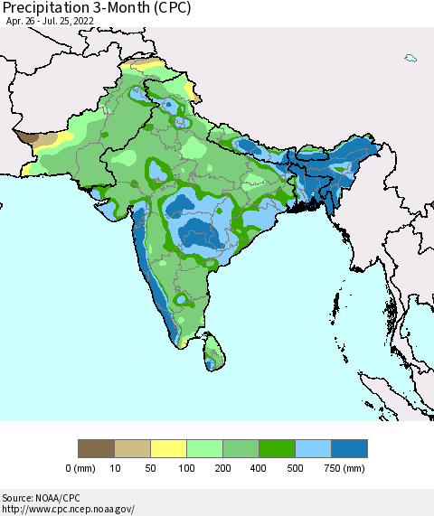 Southern Asia Precipitation 3-Month (CPC) Thematic Map For 4/26/2022 - 7/25/2022