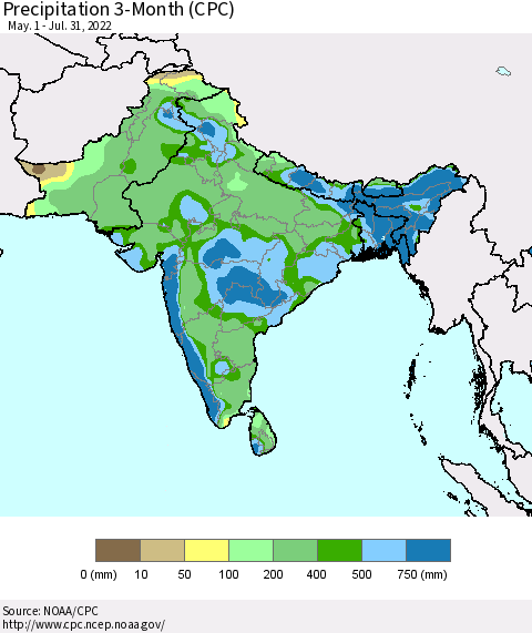 Southern Asia Precipitation 3-Month (CPC) Thematic Map For 5/1/2022 - 7/31/2022