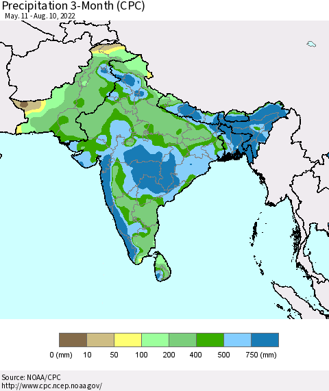 Southern Asia Precipitation 3-Month (CPC) Thematic Map For 5/11/2022 - 8/10/2022