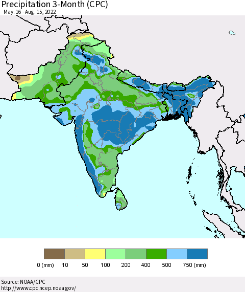 Southern Asia Precipitation 3-Month (CPC) Thematic Map For 5/16/2022 - 8/15/2022