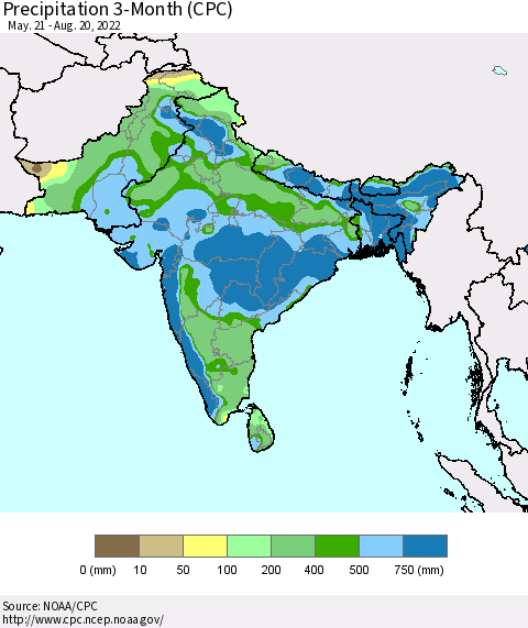 Southern Asia Precipitation 3-Month (CPC) Thematic Map For 5/21/2022 - 8/20/2022