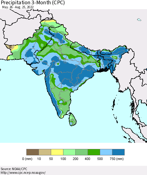Southern Asia Precipitation 3-Month (CPC) Thematic Map For 5/26/2022 - 8/25/2022