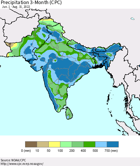 Southern Asia Precipitation 3-Month (CPC) Thematic Map For 6/1/2022 - 8/31/2022